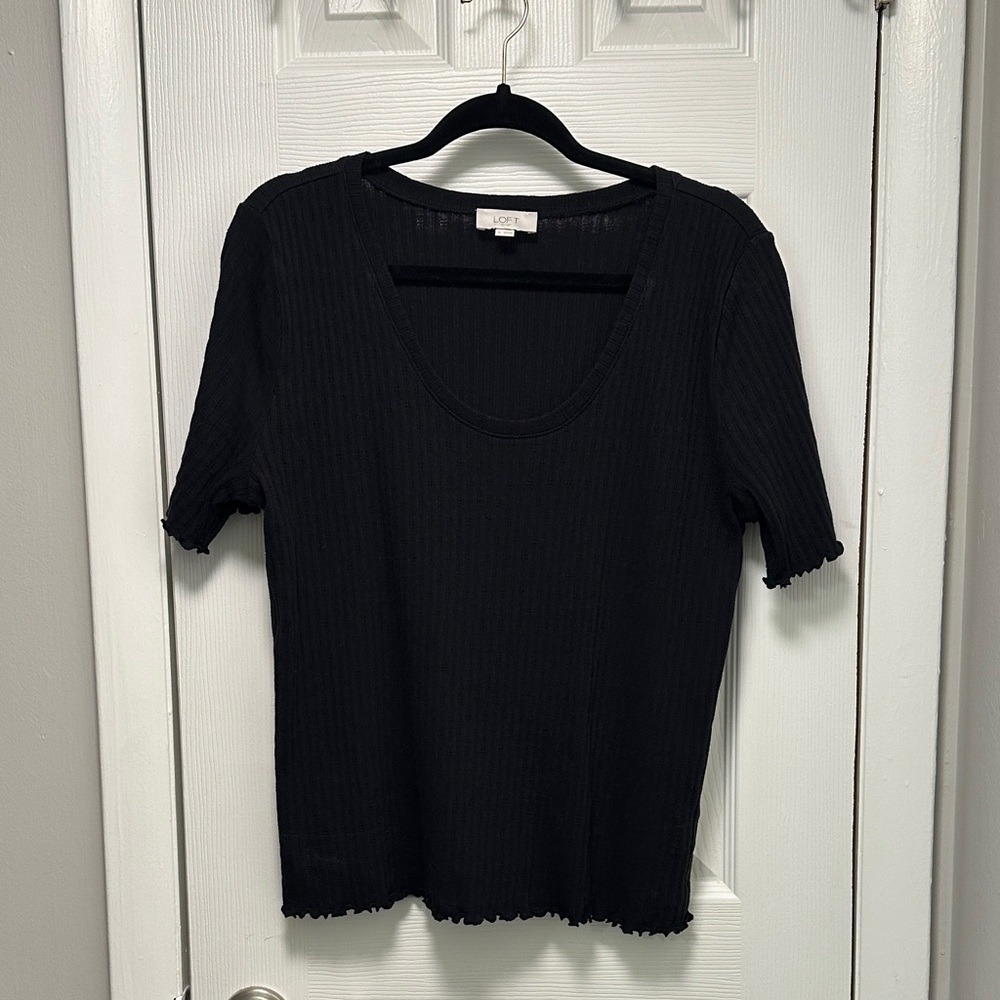 LOFT Black Ribbed Short Sleeve Top